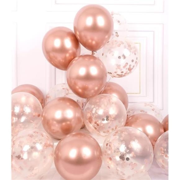 Party Balloons Pack of 42 - Metallic Chrome Rose Gold Balloons and Rose Gold - Picture 1 of 6